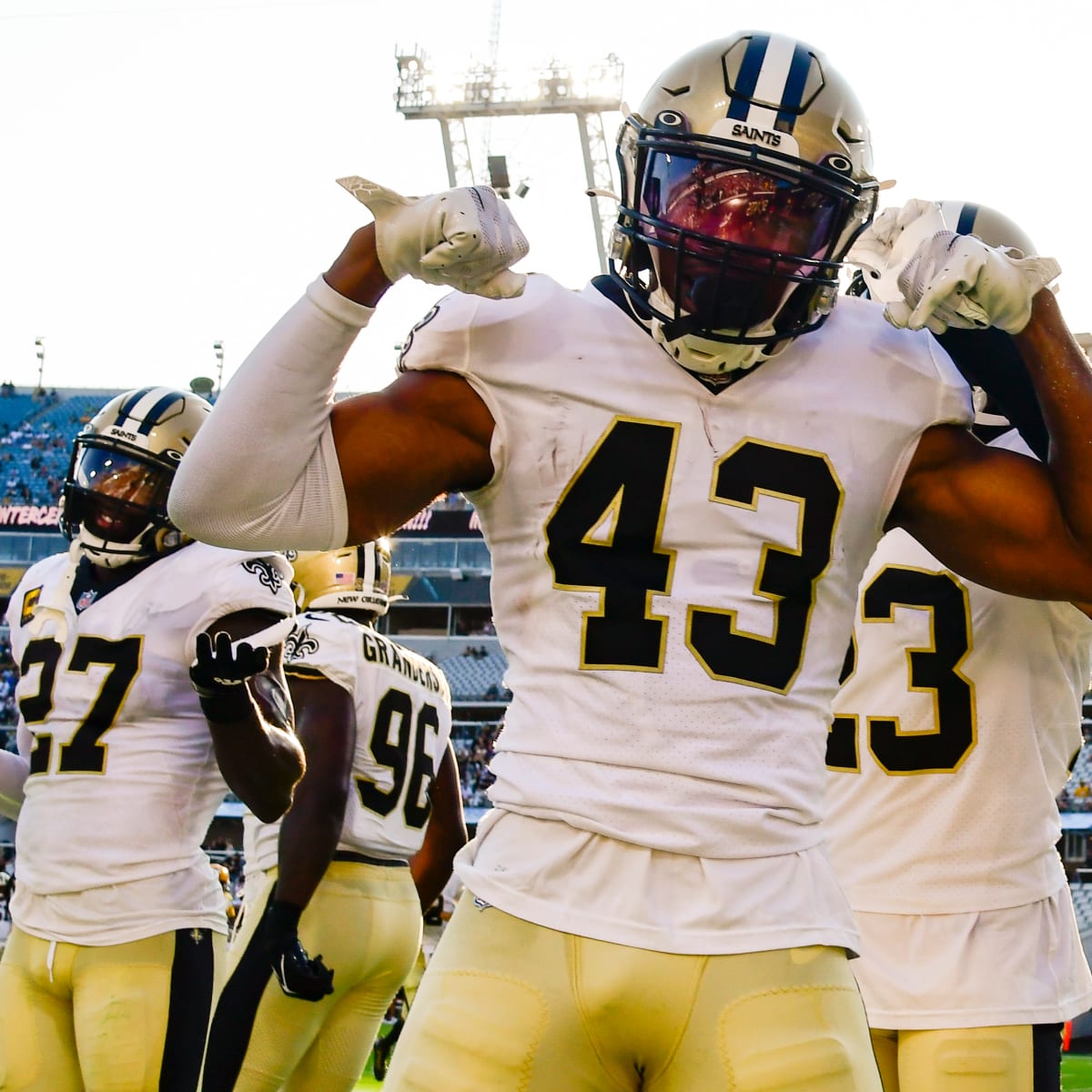 Landover, USA. 10th Oct, 2021. New Orleans Saints defenders PJ Williams  (#26) and Marcus Williams (#43) celebrate a defended pass during a football  game between New Orleans Saints and Washington Football Team