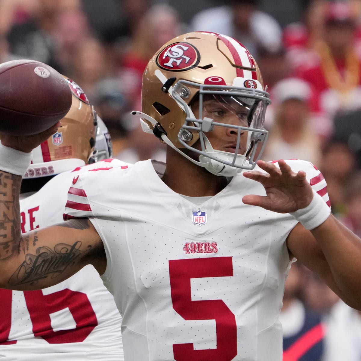 49ers' Trey Lance reacts to losing first-string reps to Brock