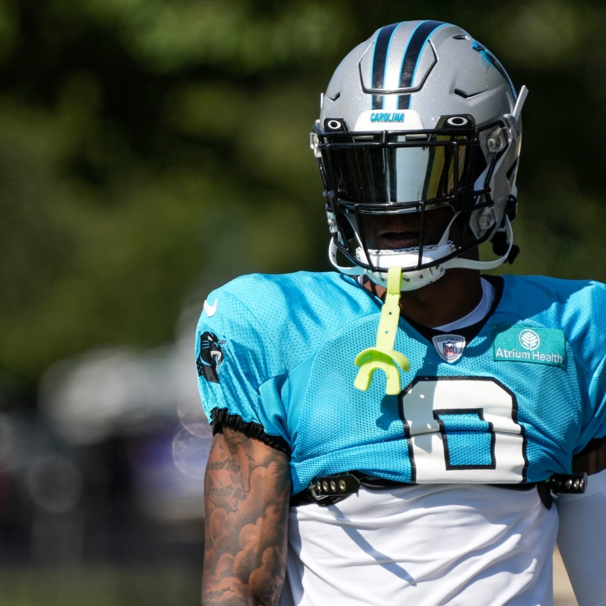 Jaycee Horn of the Carolina Panthers looks on prior to a play