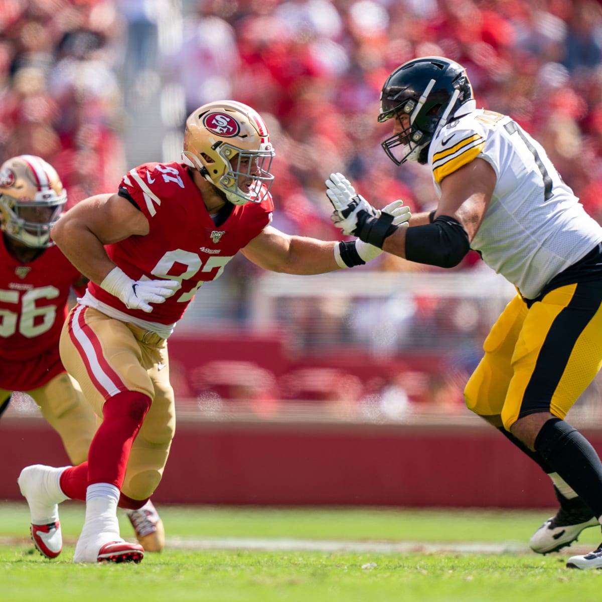 Santa Clara, CA. 22nd Sep, 2019. San Francisco 49ers defensive end Nick Bosa  (97) in action during the NFL football game between the Pittsburg Steelers  and the San Francisco 49ers at Levi's