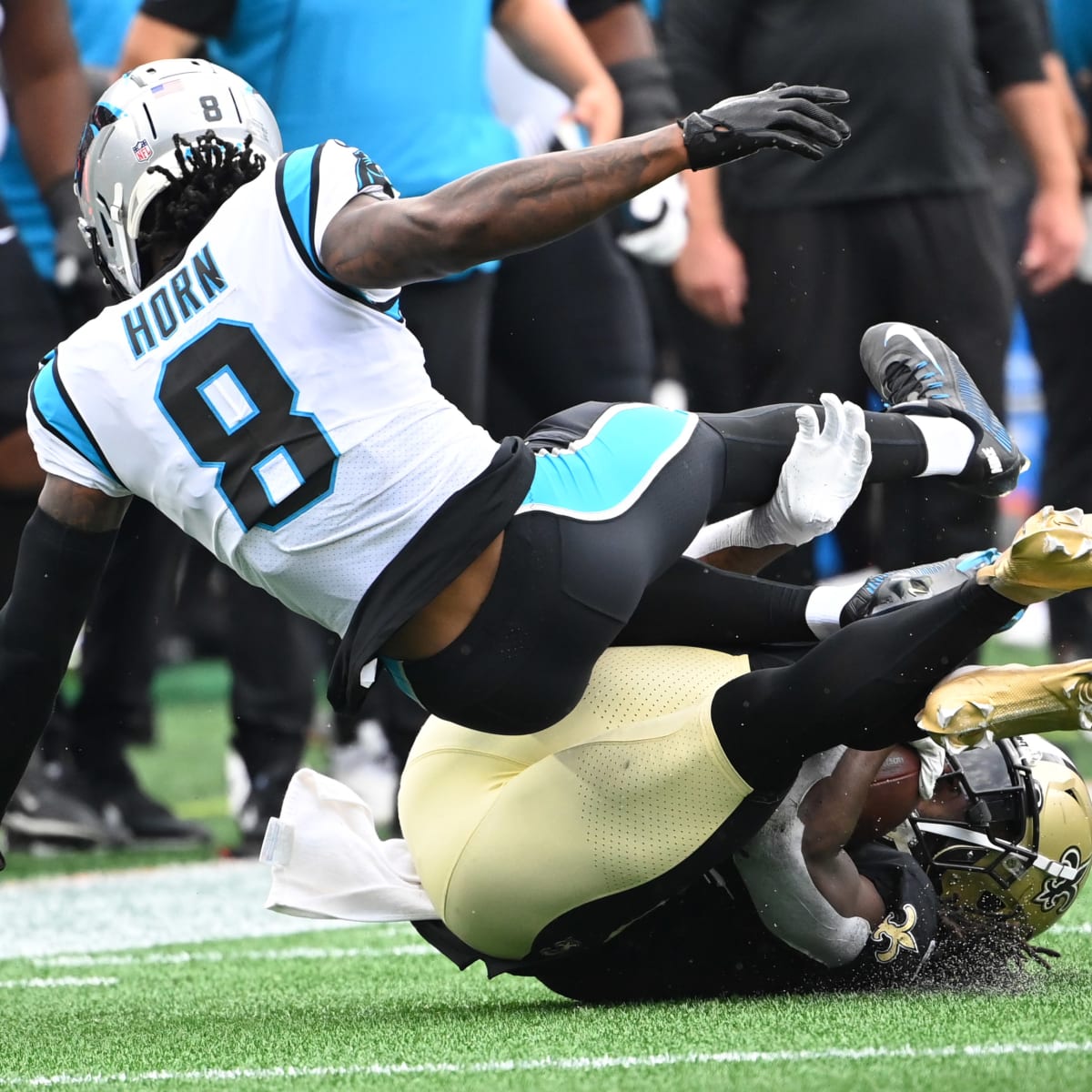 Carolina Panthers cornerback Jaycee Horn (8) lines up during the