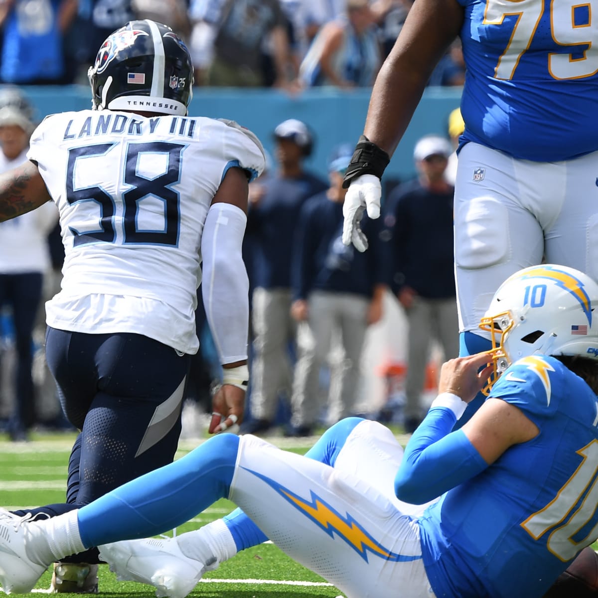 Tennessee Titans outside linebacker Harold Landry (58) follows a play  during the second half of an NFL football game against the Jacksonville  Jaguars, Sunday, Oct. 10, 2021, in Jacksonville, Fla. (AP Photo/Phelan