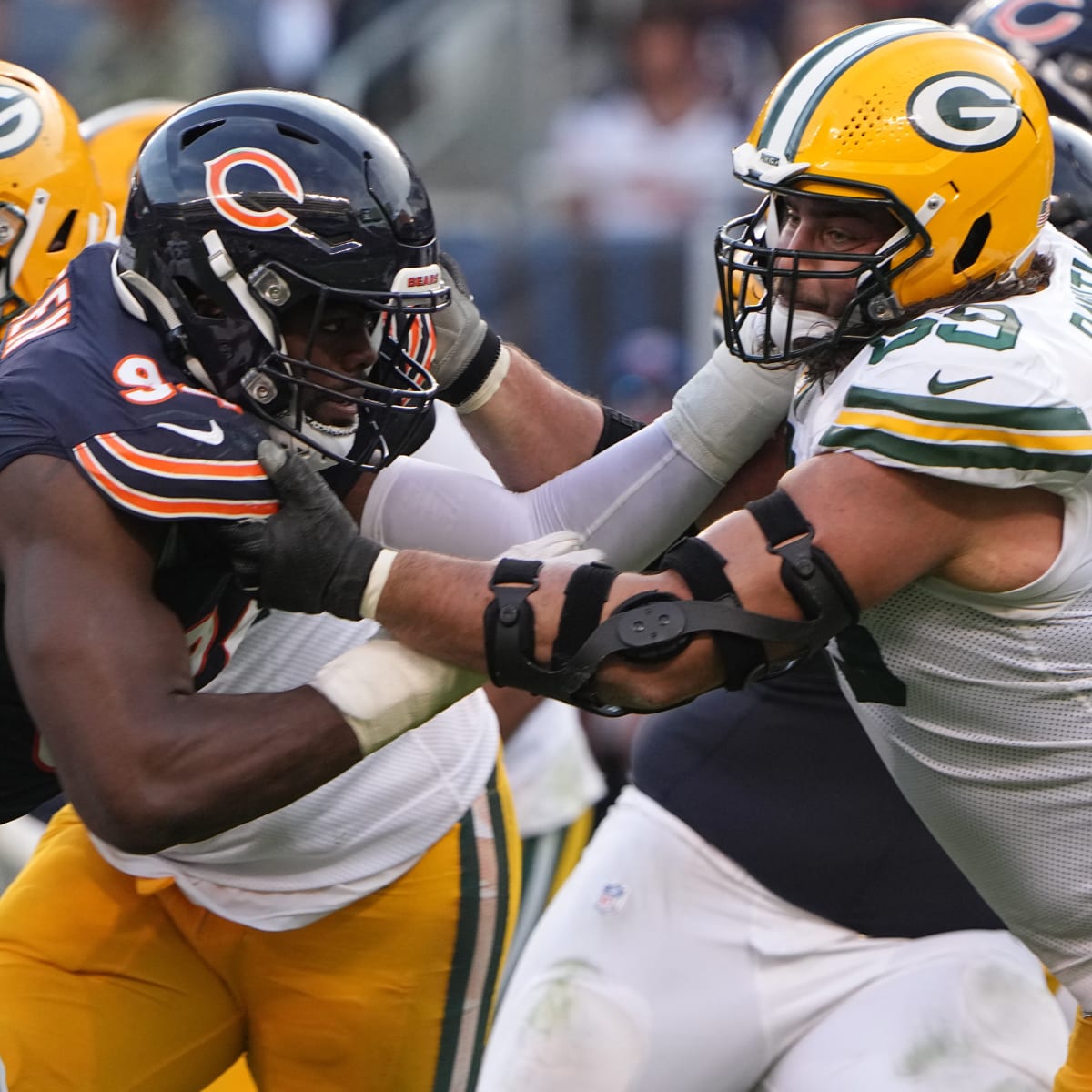 Green Bay Packers offensive tackle David Bakhtiari (69) walks on the field  before an NFL game against the New York Jets Sunday, Oct. 16, 2022, in  Green Bay, Wis. (AP Photo/Jeffrey Phelps