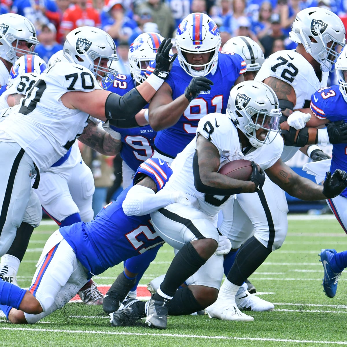 Josh Jacobs going in reverse in the Las Vegas Raiders' 38-10 loss to the  Buffalo Bills