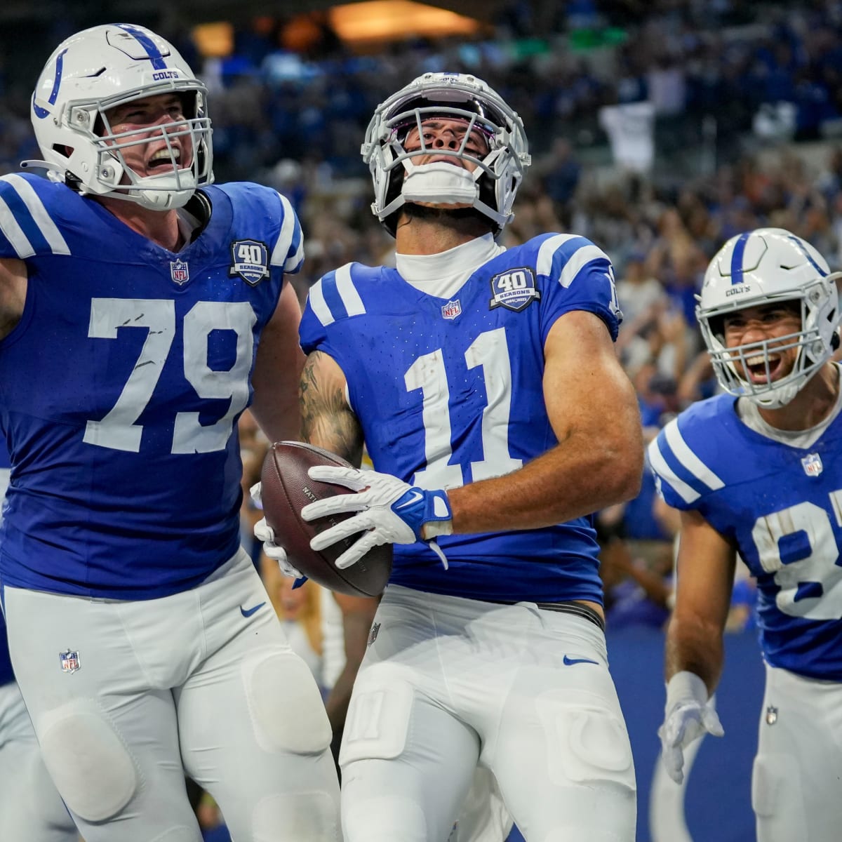 INDIANAPOLIS, IN - MAY 25:Indianapolis Colts tackle Bernhard Raimann (79)  runs through a drill during the Indianapolis Colts OTA offseason workouts  on May 25, 2022 at the Indiana Farm Bureau Football Center