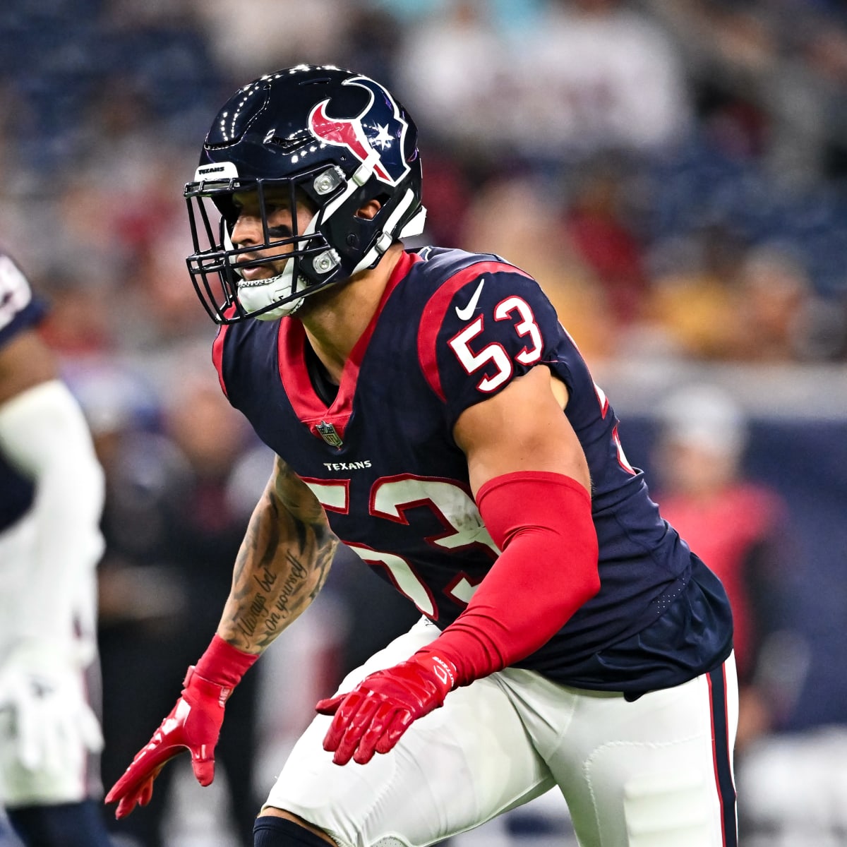 Houston Texans linebacker Blake Cashman (53) looks to defend