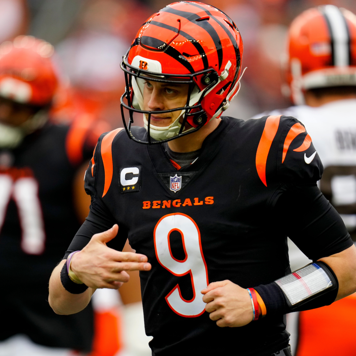 Quarterback Joe Burrow of the Cincinnati Bengals looks on from the