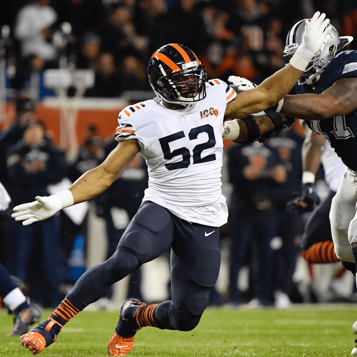 Newly acquired Chicago Bears player Khalil Mack displays his