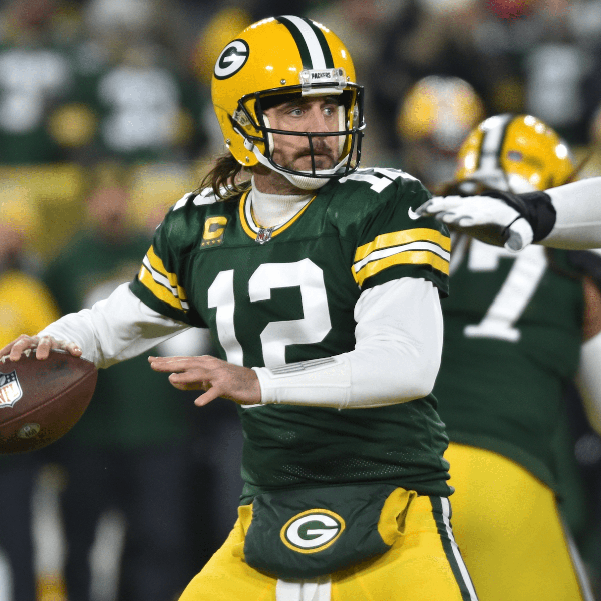 Green Bay, Wisconsin, USA. 22nd Jan, 2022. Green Bay Packers quarterback  Aaron Rodgers (12) during the NFL divisional playoff football game between  the San Francisco 49ers and the Green Bay Packers at