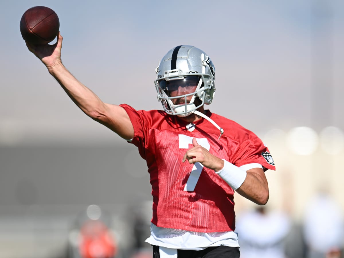 New England Patriots quarterback Brian Hoyer (5) tosses the ball during the  first half of an NFL preseason football game against the Las Vegas Raiders,  Friday, Aug. 26, 2022, in Las Vegas. (