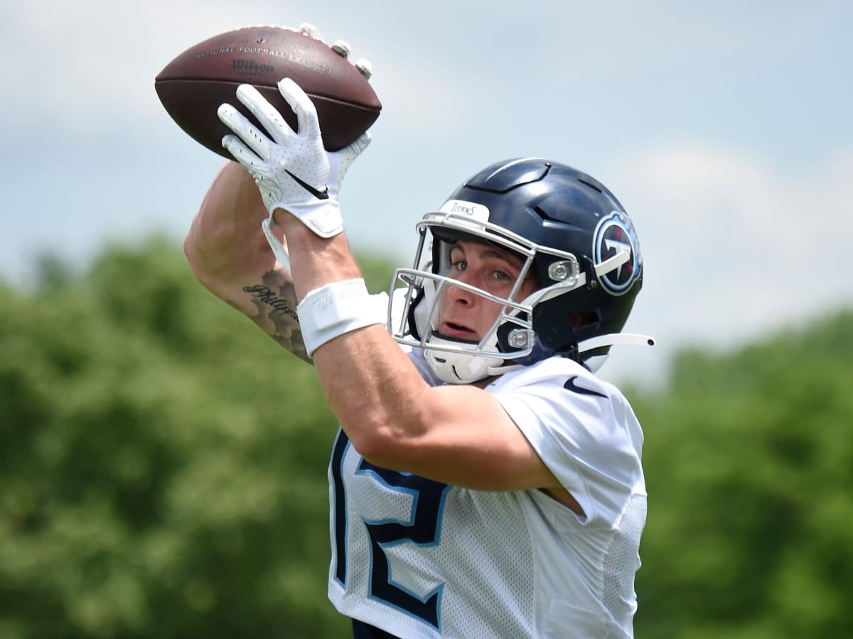 Tennessee Titans wide receiver Mason Kinsey runs up field during the second  half of an NFL football game against the Minnesota Vikings, Saturday, Aug.  19, 2023, in Minneapolis. (AP Photo/Charlie Neibergall Stock