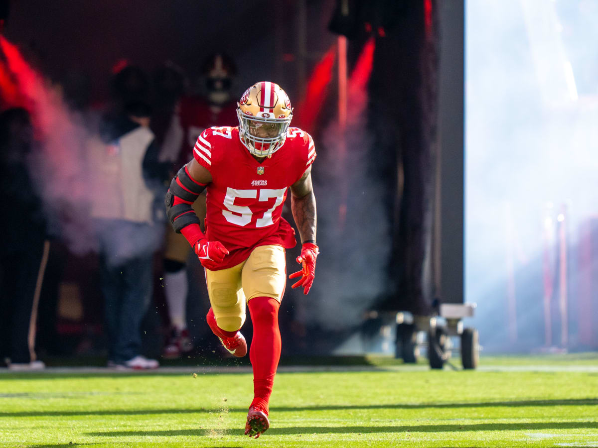 San Francisco 49ers linebacker Dre Greenlaw (57) lines up to take on the  Los Angeles Rams during the NFL NFC Championship game, Sunday, Jan. 30,  2022 in Inglewood, Calif. The Rams defeated