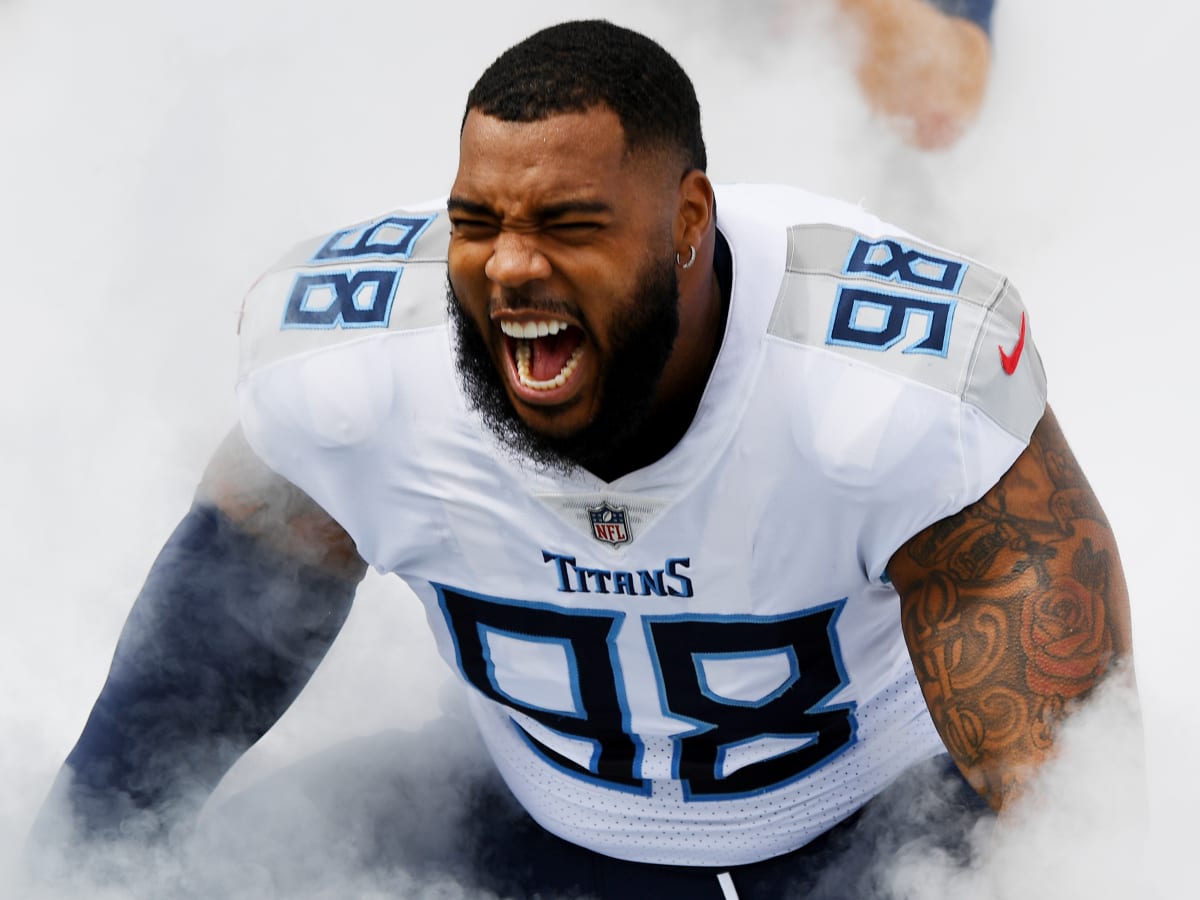 Tennessee Titans defensive tackle Jeffery Simmons holds the game ball as he  answers questions after an NFL football game against the Buffalo Bills  Monday, Oct. 18, 2021, in Nashville, Tenn. (AP Photo/Mark