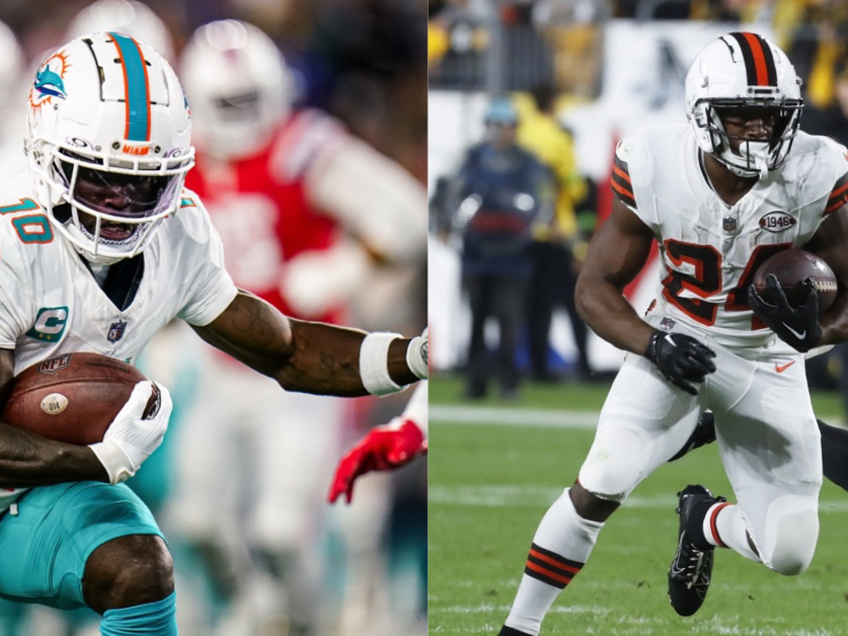 Cleveland Browns running back Nick Chubb (24) and Miami Dolphins wide  receiver Tyreek Hill (10) exchange jerseys at the end of an NFL football  game, Sunday, Nov. 13, 2022, in Miami Gardens