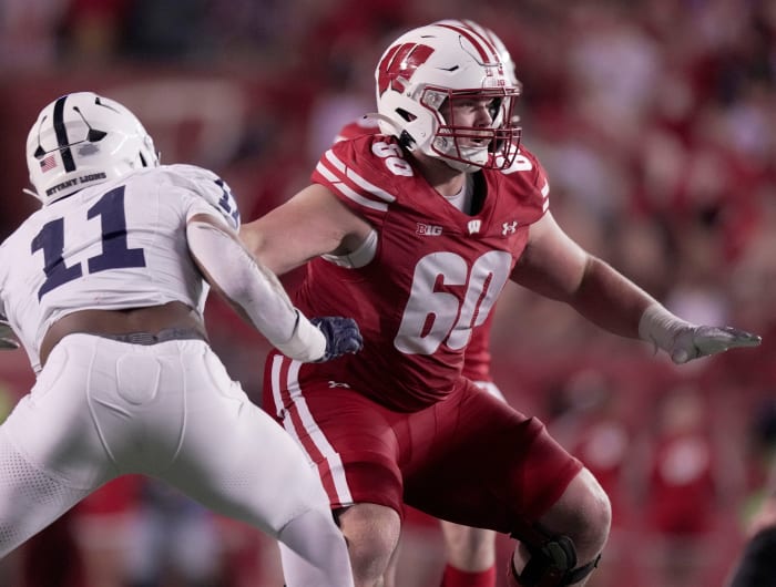 Wisconsin offensive lineman Joe Huber (60) is shown during the third quarter of their game Saturday, October 26, 2024 at Camp Randall Stadium in Madison, Wisconsin. Penn State beat Wisconsin 28-13.