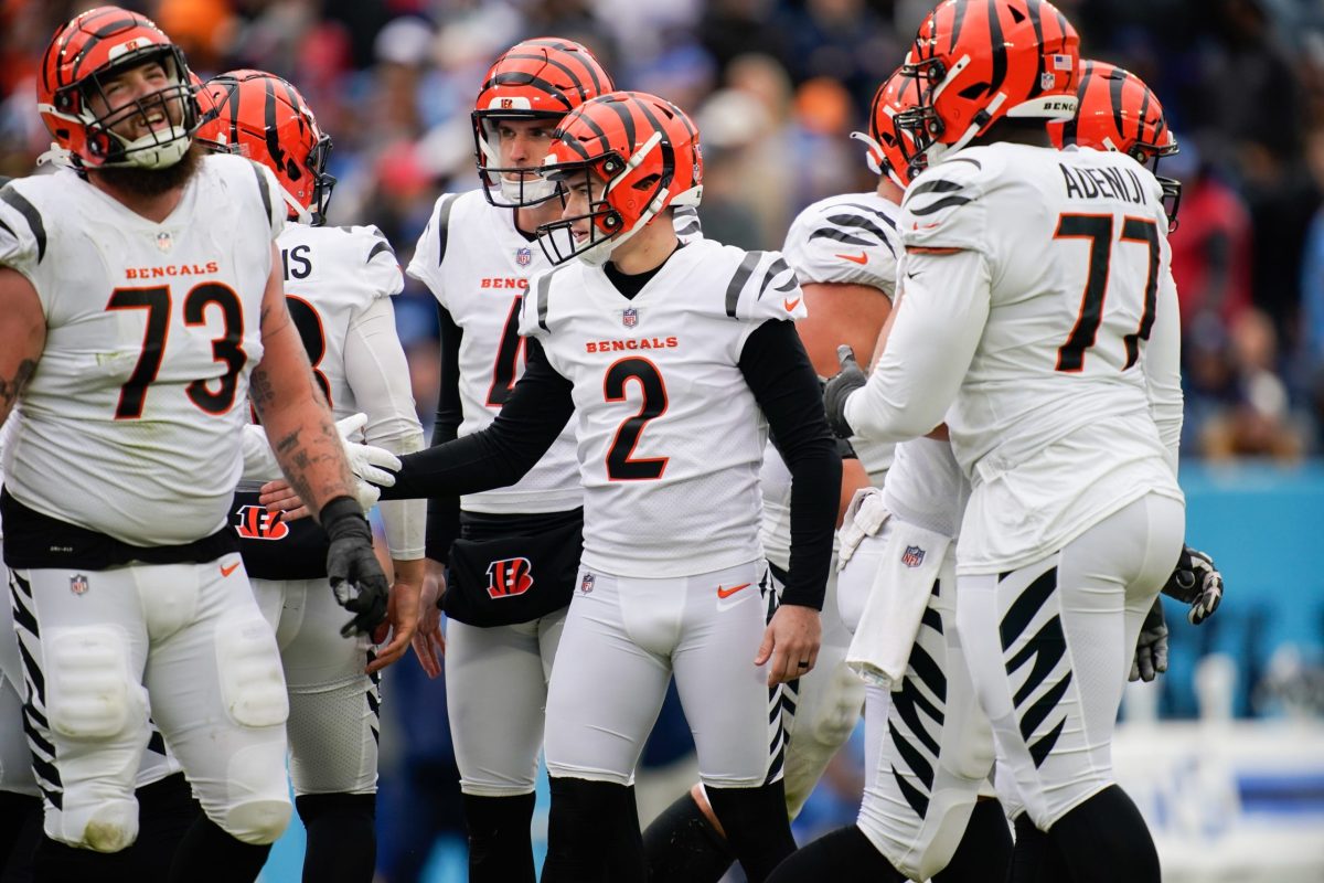 Cincinnati Bengals kicker Evan McPherson (2) celebrates with Kevin