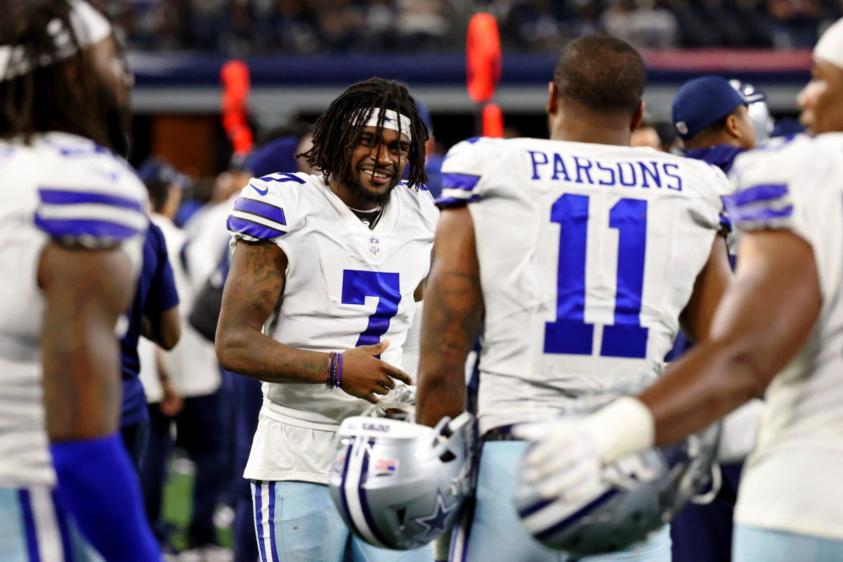 September 19, 2021 Dallas Cowboys corner back Trevon Diggs (7) celebrates  after intercepting a pass during the NFL football game between the Los  Angeles Chargers and the Dallas Cowboys at SoFi Stadium