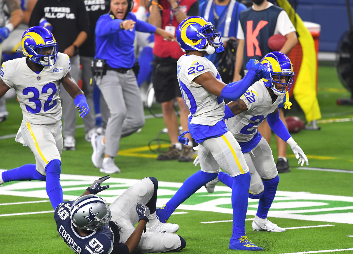 Cornerback Jalen Ramsey of the Los Angeles Rams celebrates after a