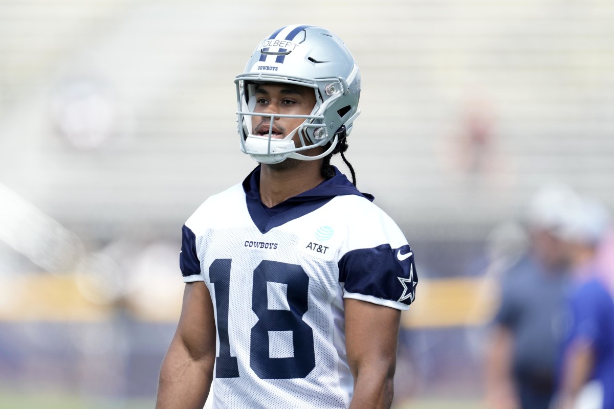 Dallas Cowboys wide receiver Jalen Tolbert (18) makes a touchdown catch  during the first half of an NFL preseason football game against the  Jacksonville Jaguars, Saturday, Aug. 12, 2023, in Arlington, Texas. (