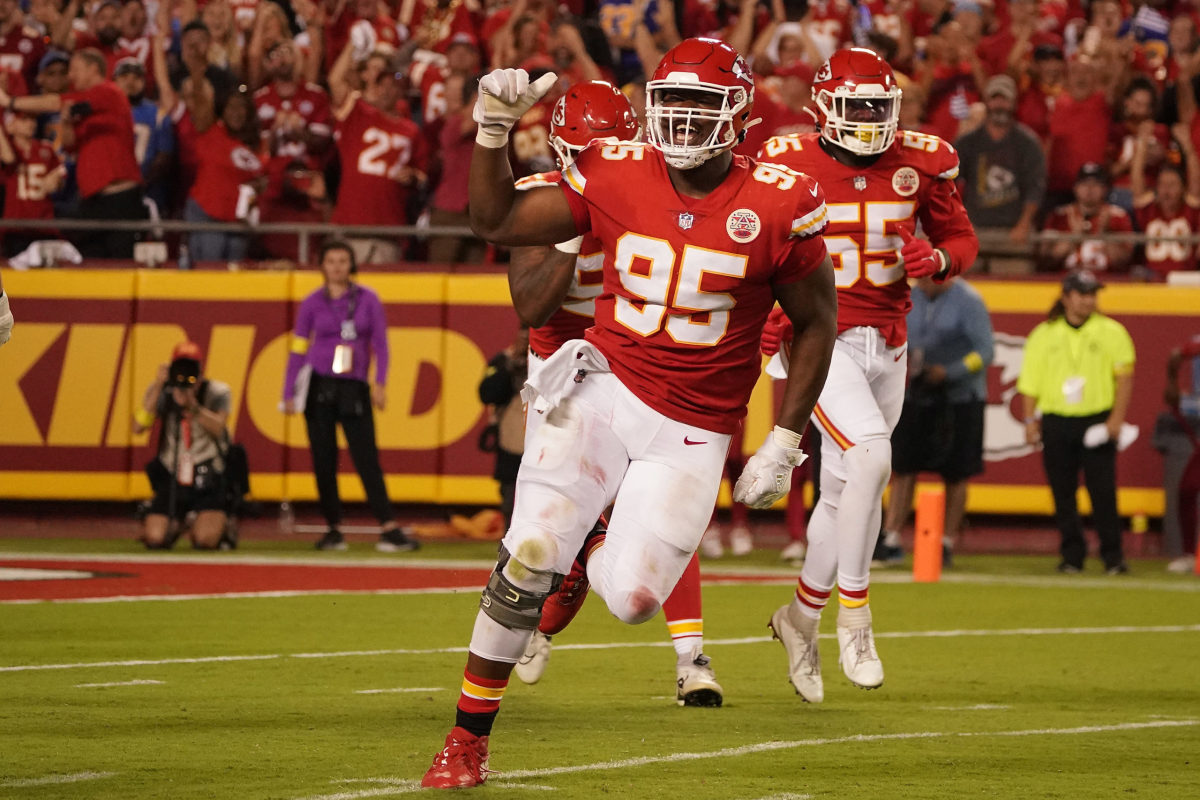 Kansas City Chiefs defensive end Chris Jones during the first half of an  NFL football game against the Cleveland Browns, Sunday, Sept.12, 2021 in  Kansas City, Mo. (AP Photo/Reed Hoffmann Stock Photo 