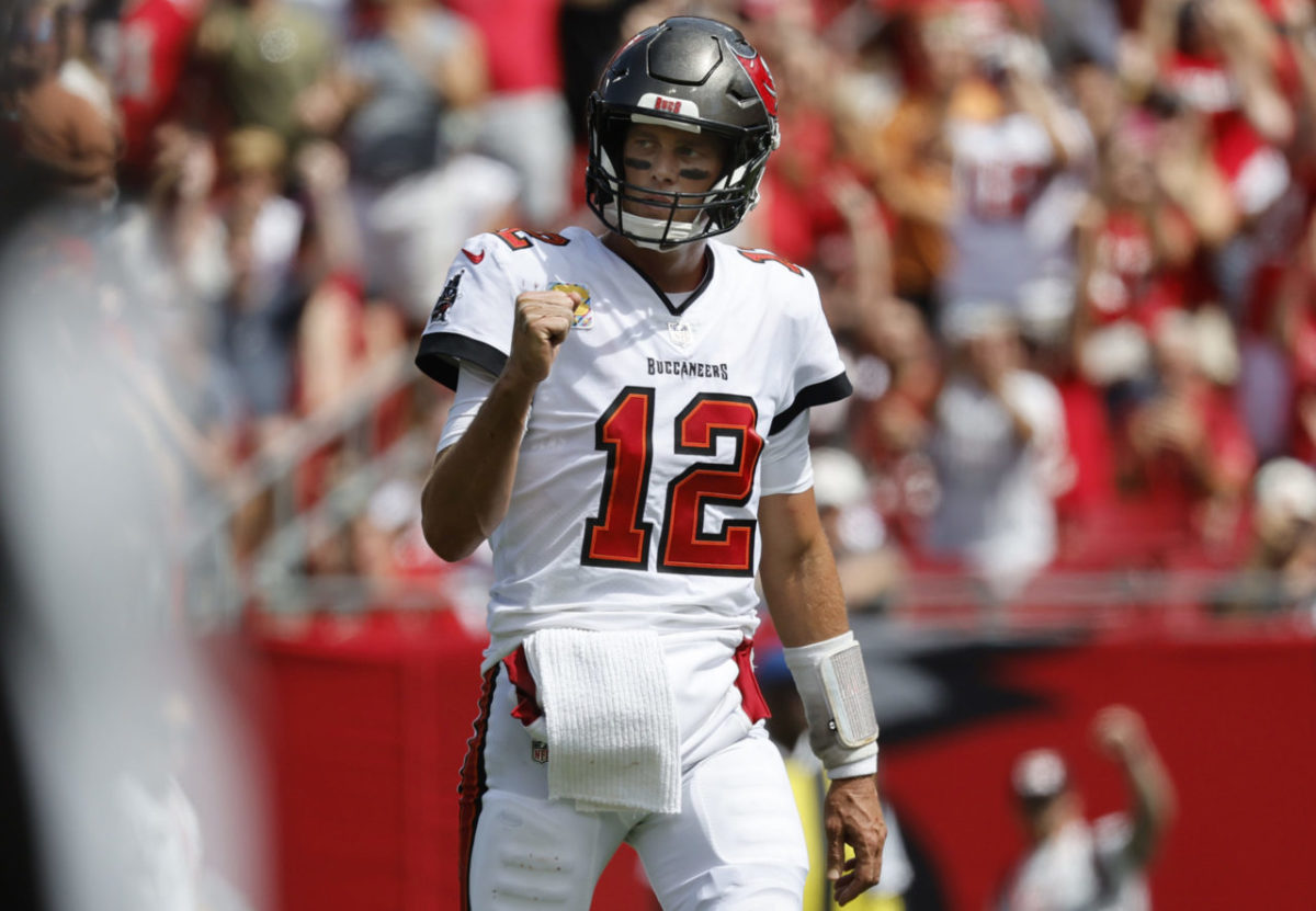 Tampa Bay Buccaneers quarterback Tom Brady (12) wears a Salute to Service  sticker during an NFL football game against the Los Angeles Rams, Sunday,  Nov. 6, 2022 in Tampa, Fla. The Buccaneers