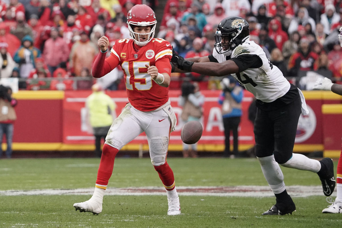 Kansas City Chiefs quarterback Chad Henne looks to pass during the second  half of an NFL divisional round playoff football game against the  Jacksonville Jaguars, Saturday, Jan. 21, 2023, in Kansas City