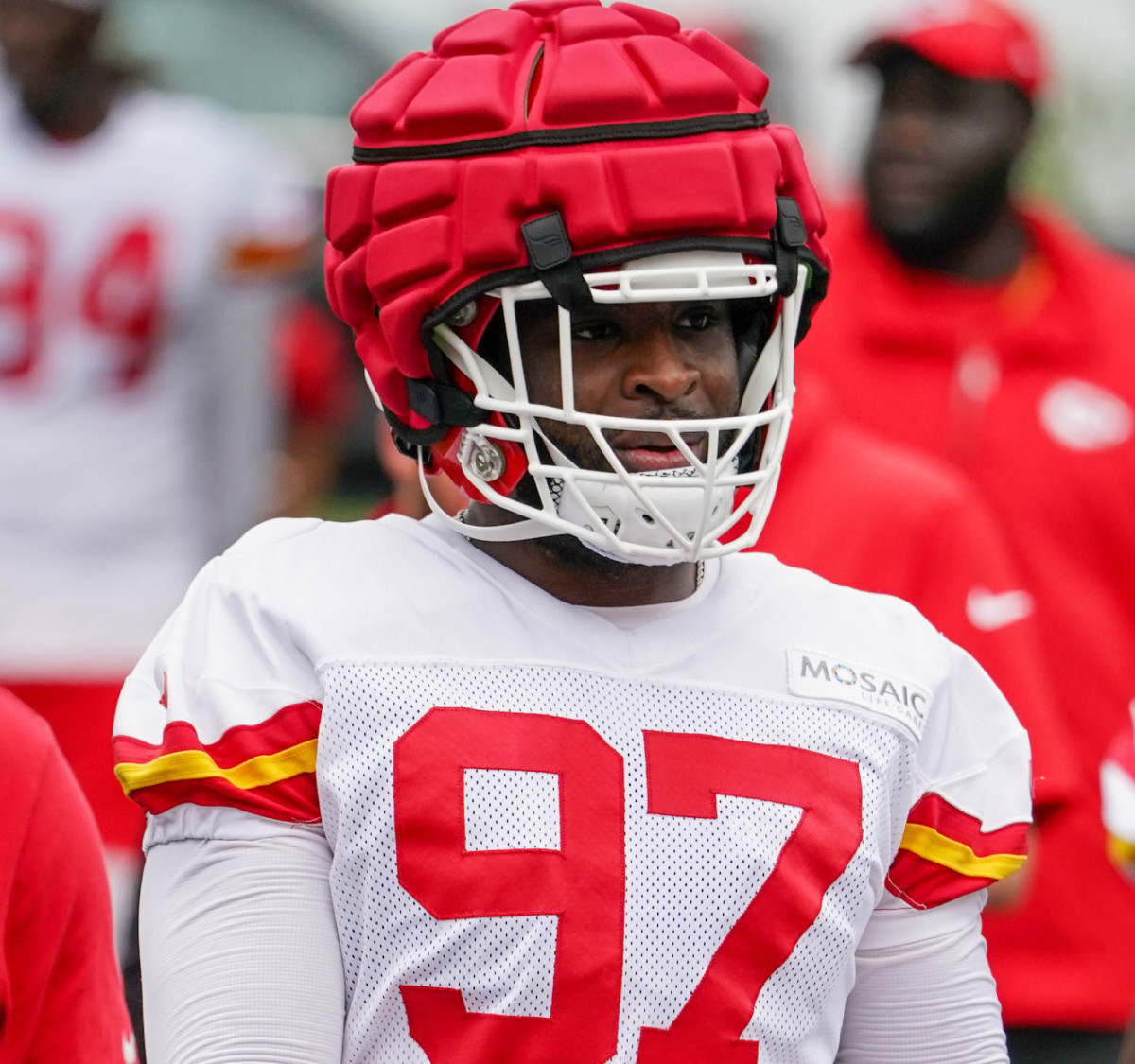 Kansas City Chiefs running back Jerrion Ealy, right, runs under pressure  from Kansas City Chiefs safety Mike Edwards during NFL football training  camp Saturday, July 29, 2023, in St. Joseph, Mo. (AP