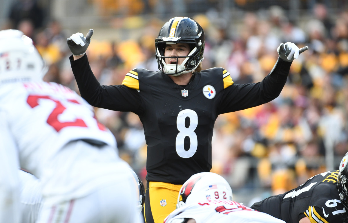 Dec 3, 2023; Pittsburgh, Pennsylvania, USA; Pittsburgh Steelers quarterback Kenny Pickett (8) makes a play against the Arizona Cardinals during the second quarter at Acrisure Stadium. Mandatory Credit: Philip G. Pavely-USA TODAY Sports  