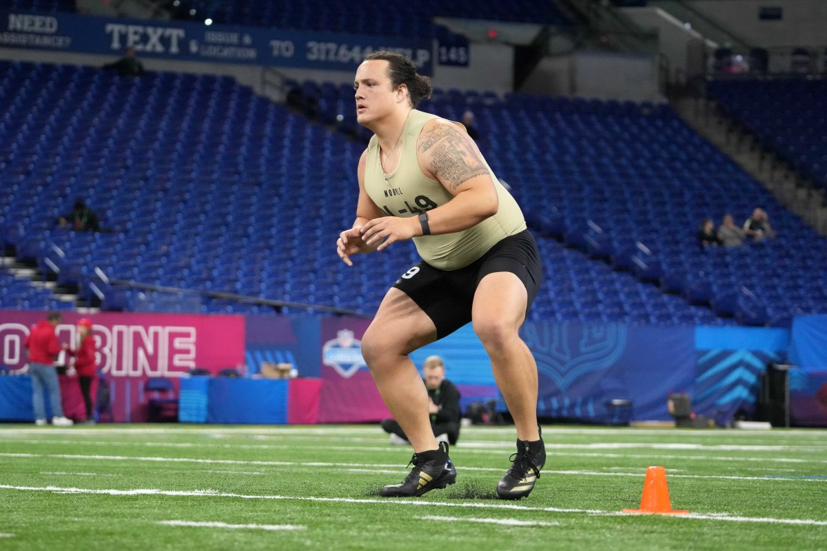 Mar 3, 2024; Indianapolis, IN, USA; North Carolina State offensive lineman Dylan McMahon (OL49) during the 2024 NFL Scouting Combine at Lucas Oil Stadium.