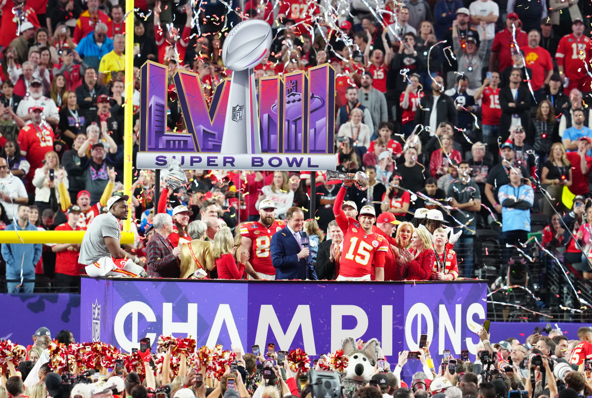 Chiefs quarterback Patrick Mahomes hoists the Vince Lombardi Trophy after defeating the San Francisco 49ers in Super Bowl LVIII.