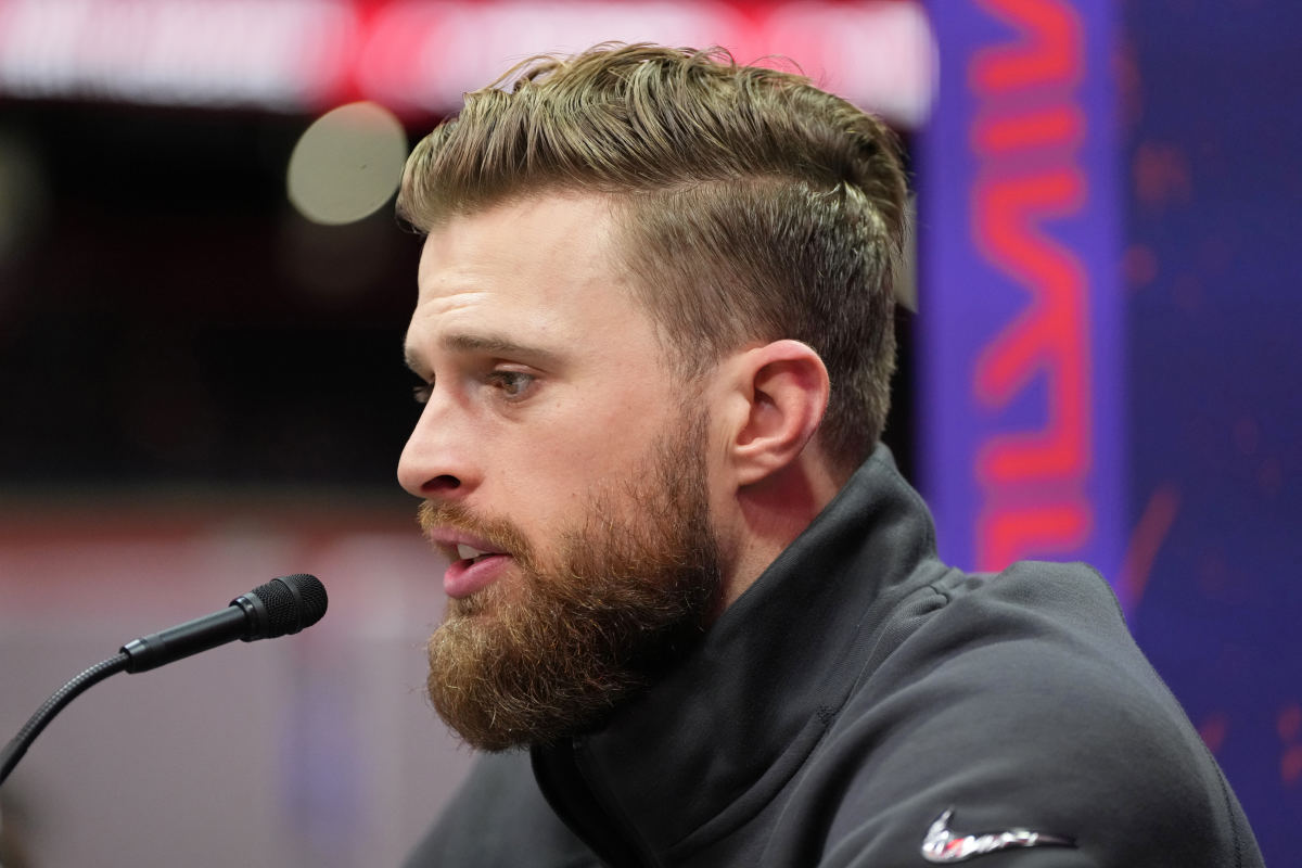 Feb 5, 2024; Las Vegas, NV, USA; Kansas City Chiefs place kicker Harrison Butker (7) talks to the media during Super Bowl LVIII Opening Night at Allegiant Stadium.