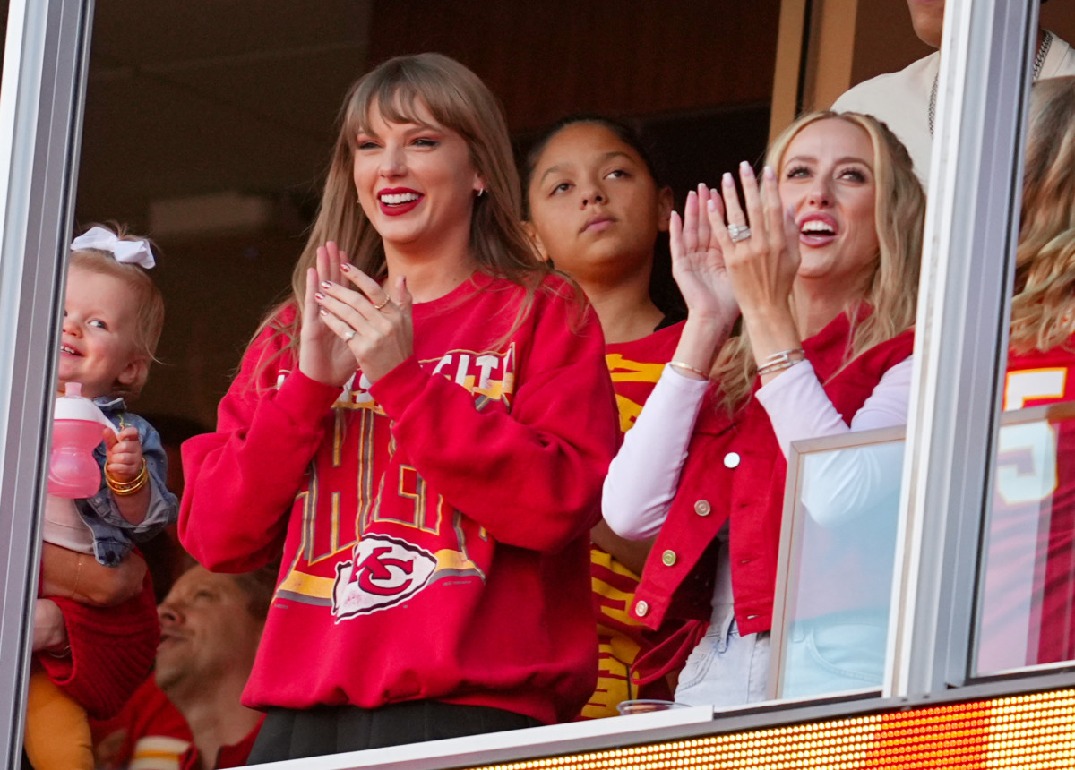 Oct 22, 2023; Kansas City, Missouri, USA; Recording artist Taylor Swift and Brittany Mahomes cheer during the second half between the Los Angeles Chargers and the Kansas City Chiefs at GEHA Field at Arrowhead Stadium. 