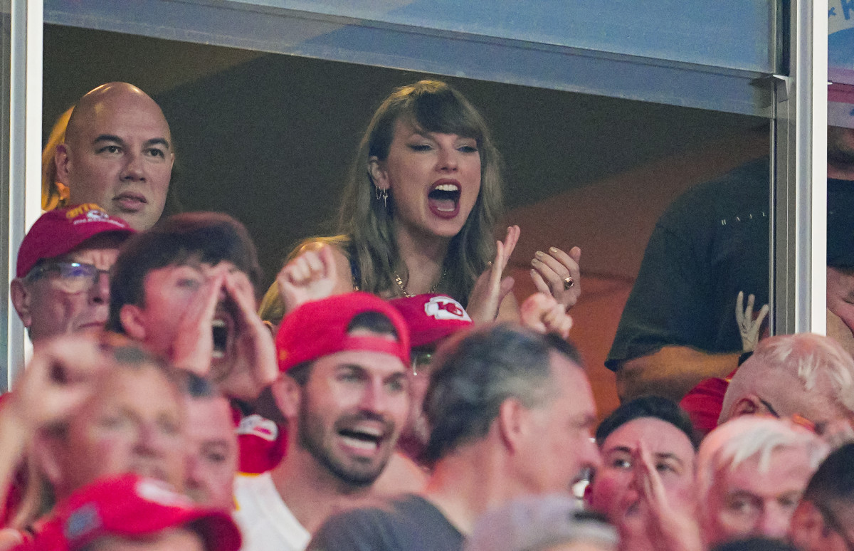 Sep 5, 2024; Kansas City, Missouri, USA; Recording artist Taylor Swift watches the action during the first half of a game between the Baltimore Ravens and the Kansas City Chiefs at GEHA Field at Arrowhead Stadium.