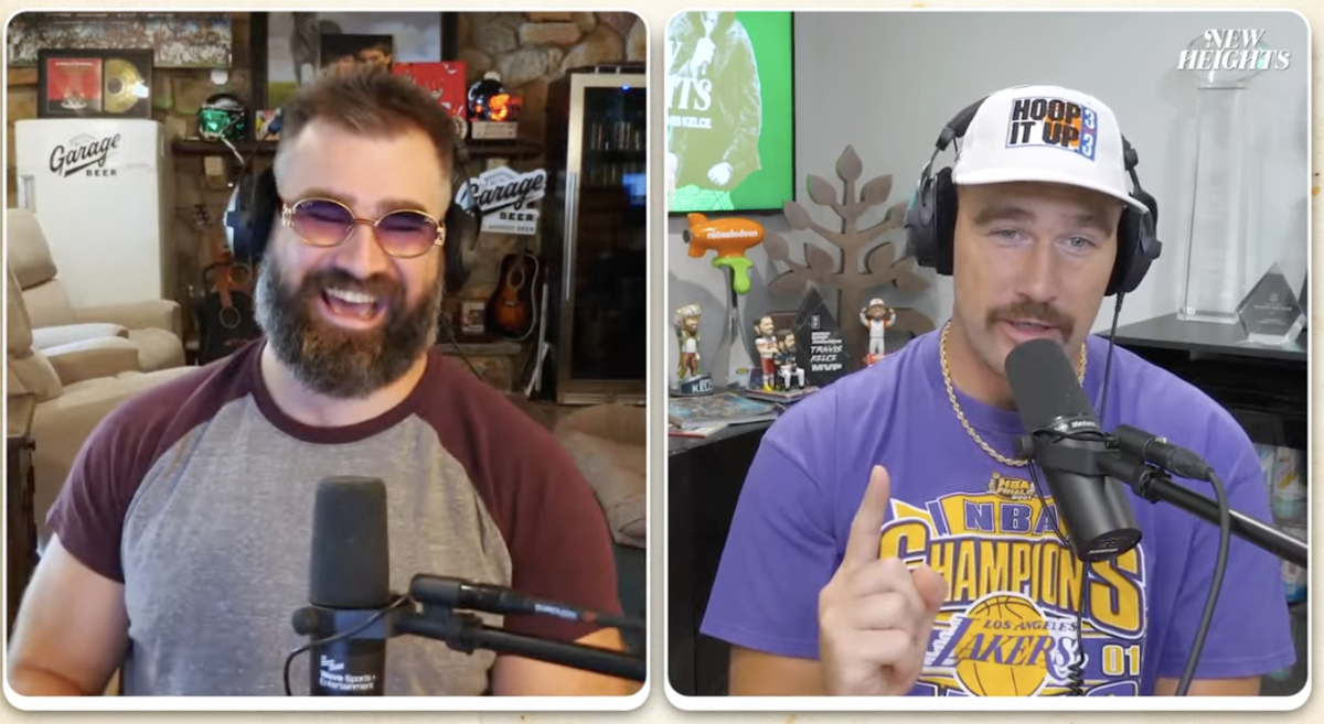 Jason and Travis Kelce during the latest New Heights podcast episode.