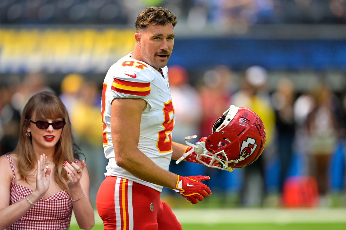 Kansas City Chiefs tight end Travis Kelce (87) looks on prior to the game against the Los Angeles Chargers at SoFi Stadium | Taylor Swift clapping