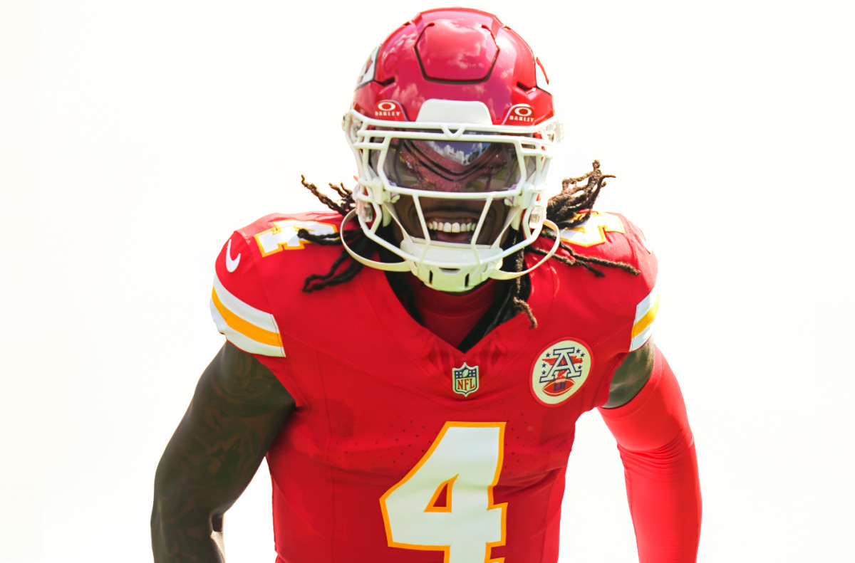 Sep 15, 2024; Kansas City, Missouri, USA; Kansas City Chiefs wide receiver Rashee Rice (4) takes the field prior to a game against the Cincinnati Bengals at GEHA Field at Arrowhead Stadium.