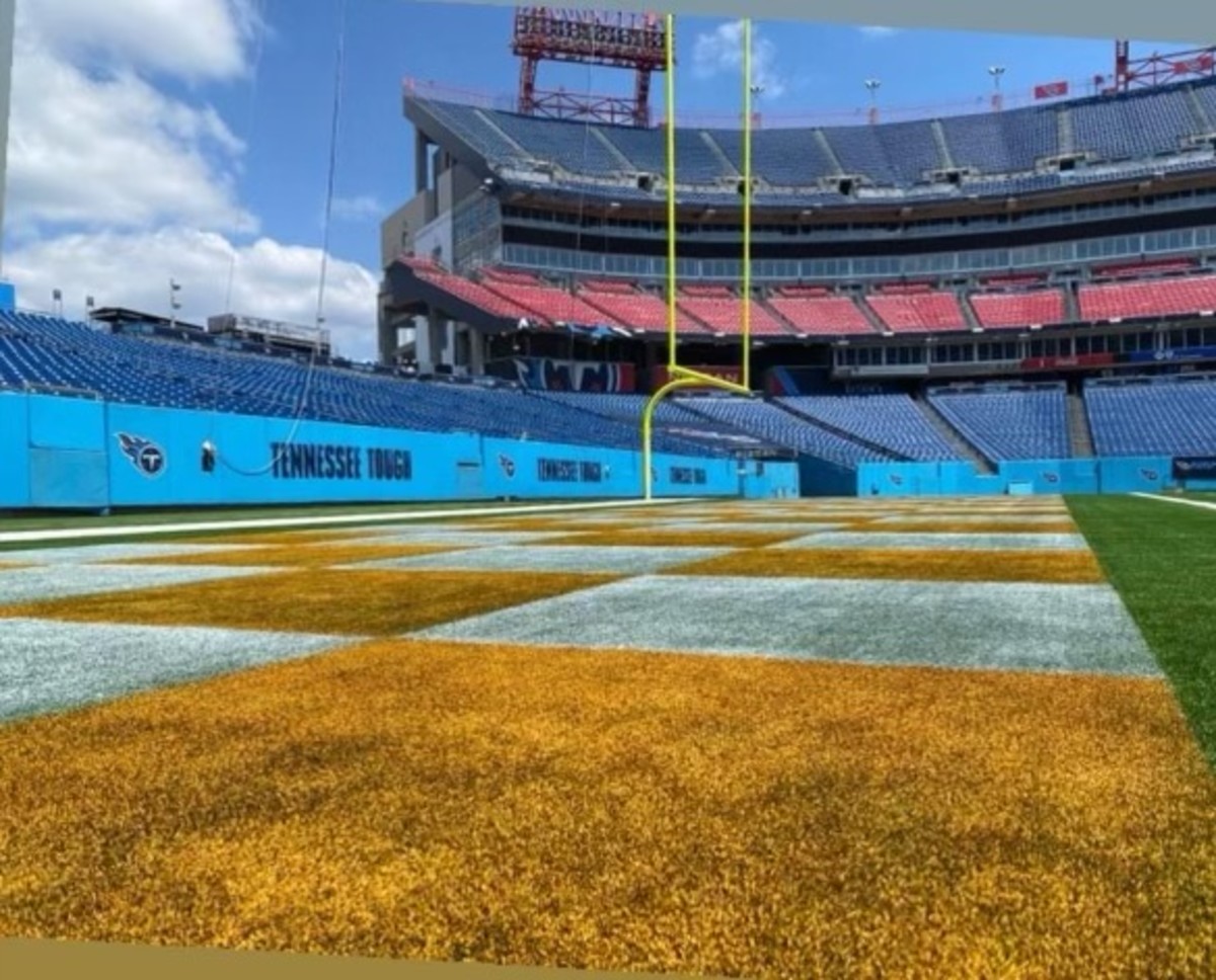 A general overall upper deck or upper level stadium view of Nissan Stadium  in Nashville, Tennessee with the tarp on the field before a week 17 NFL  football game against the Tennessee