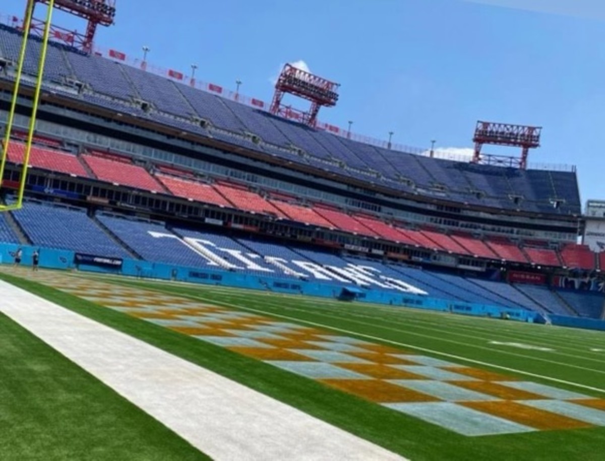 A general overall upper deck or upper level stadium view of Nissan Stadium  in Nashville, Tennessee with the tarp on the field before a week 17 NFL  football game against the Tennessee