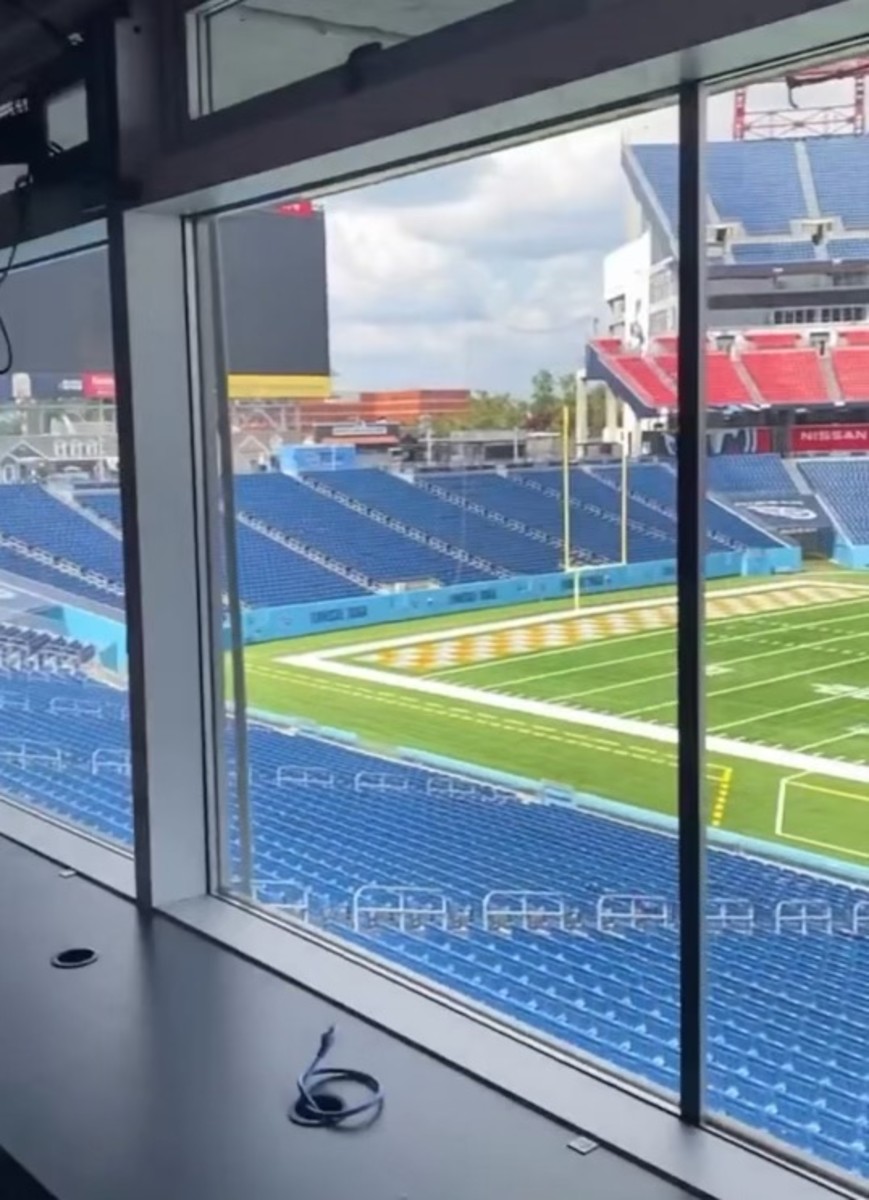 A general overall upper deck or upper level stadium view of Nissan Stadium  in Nashville, Tennessee with the tarp on the field before a week 17 NFL  football game against the Tennessee