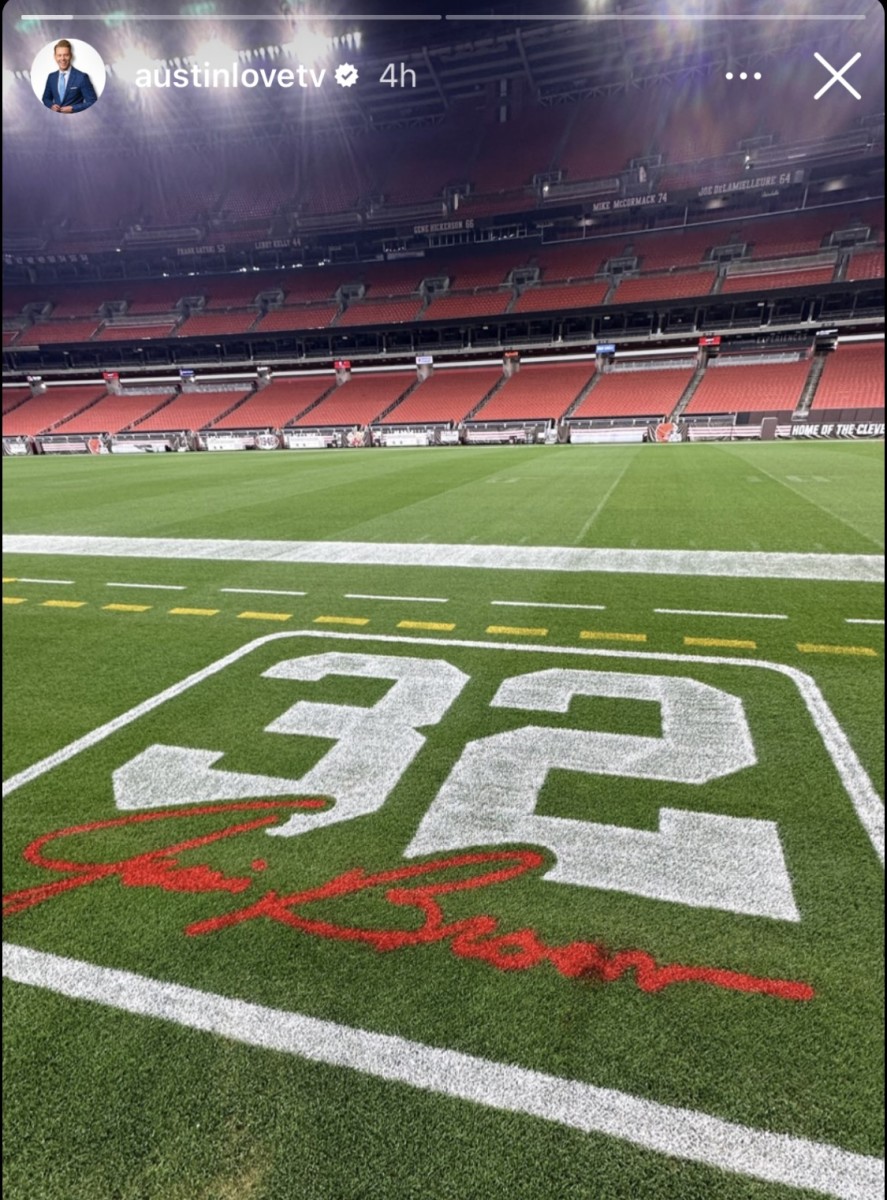 Cleveland Browns Framed Municipal Stadium with Player in Coat