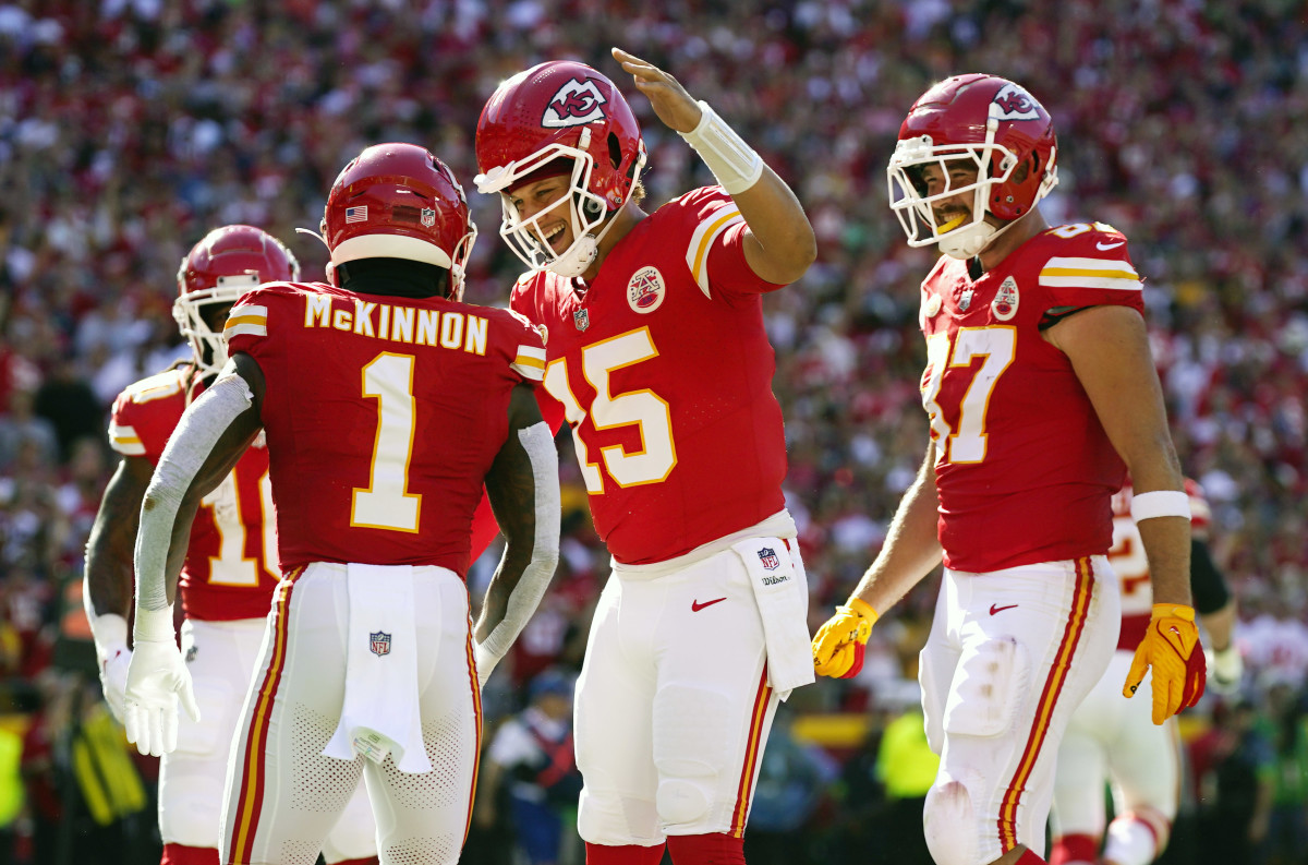 Kansas City Chiefs running back Jerick McKinnon (1) celebrates