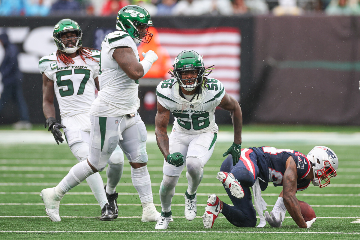 Jamien Sherwood of the New York Jets celebrates a tackle during