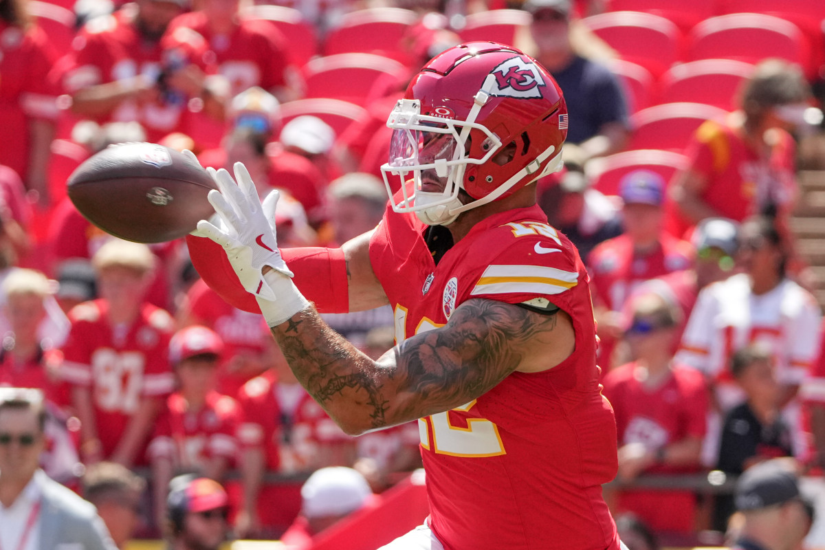 Kansas City Chiefs tight end Jared Wiley (12) warms up against the Detroit Lions prior to the game at GEHA Field at Arrowhead Stadium.