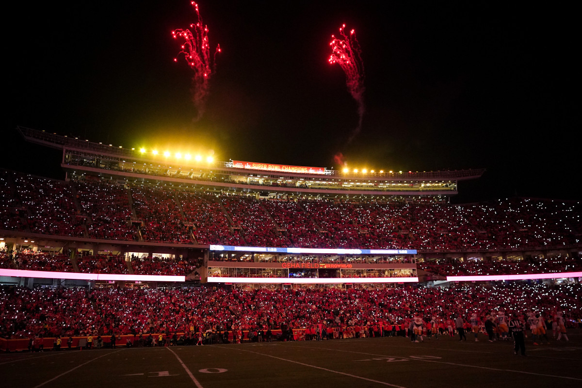 Dec 8, 2024; Kansas City, Missouri, USA; A general view of fans helping to create a light show during the second half of the game between the Kansas City Chiefs and Los Angeles Chargers at GEHA Field at Arrowhead Stadium.