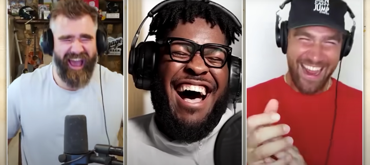 Chiefs OL Trey Smith has some fun while on New Heights Podcast by building  NFL starting offensive lineup using WWE superstars