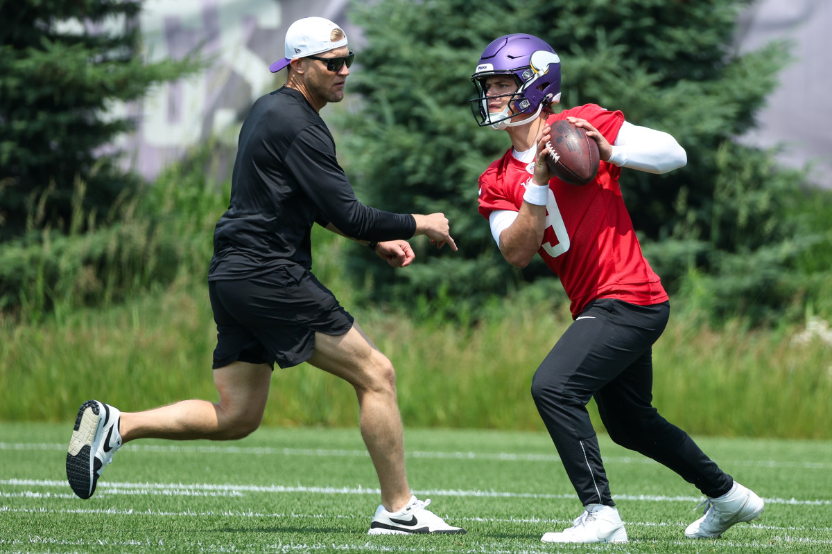 Jun 10, 2025; Minneapolis, MN, USA; Minnesota Vikings quarterback J.J. McCarthy (9) practices during minicamp at the Minnesota Vikings Training Facility.