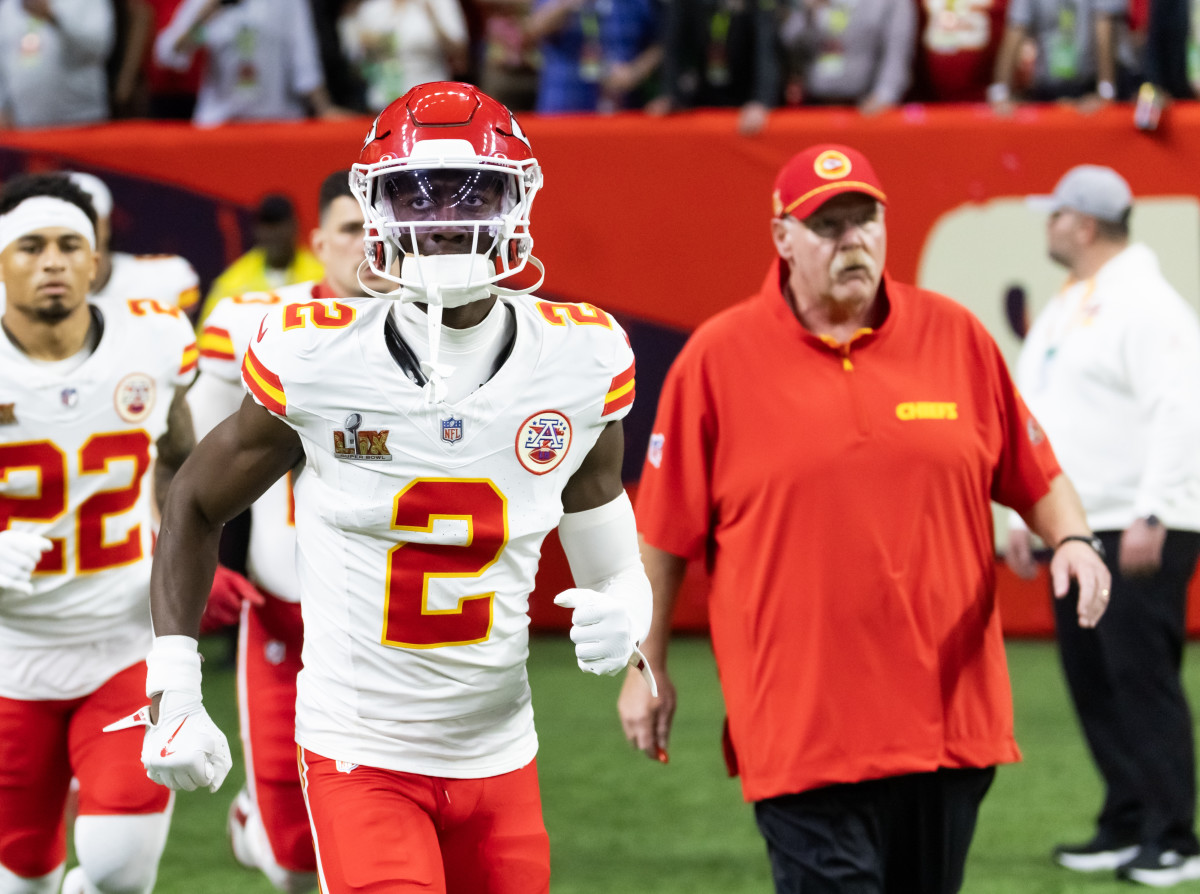 Feb 9, 2025; New Orleans, LA, USA; Kansas City Chiefs cornerback Joshua Williams (2) and head coach Andy Reid against the Philadelphia Eagles in Super Bowl LIX at Ceasars Superdome.