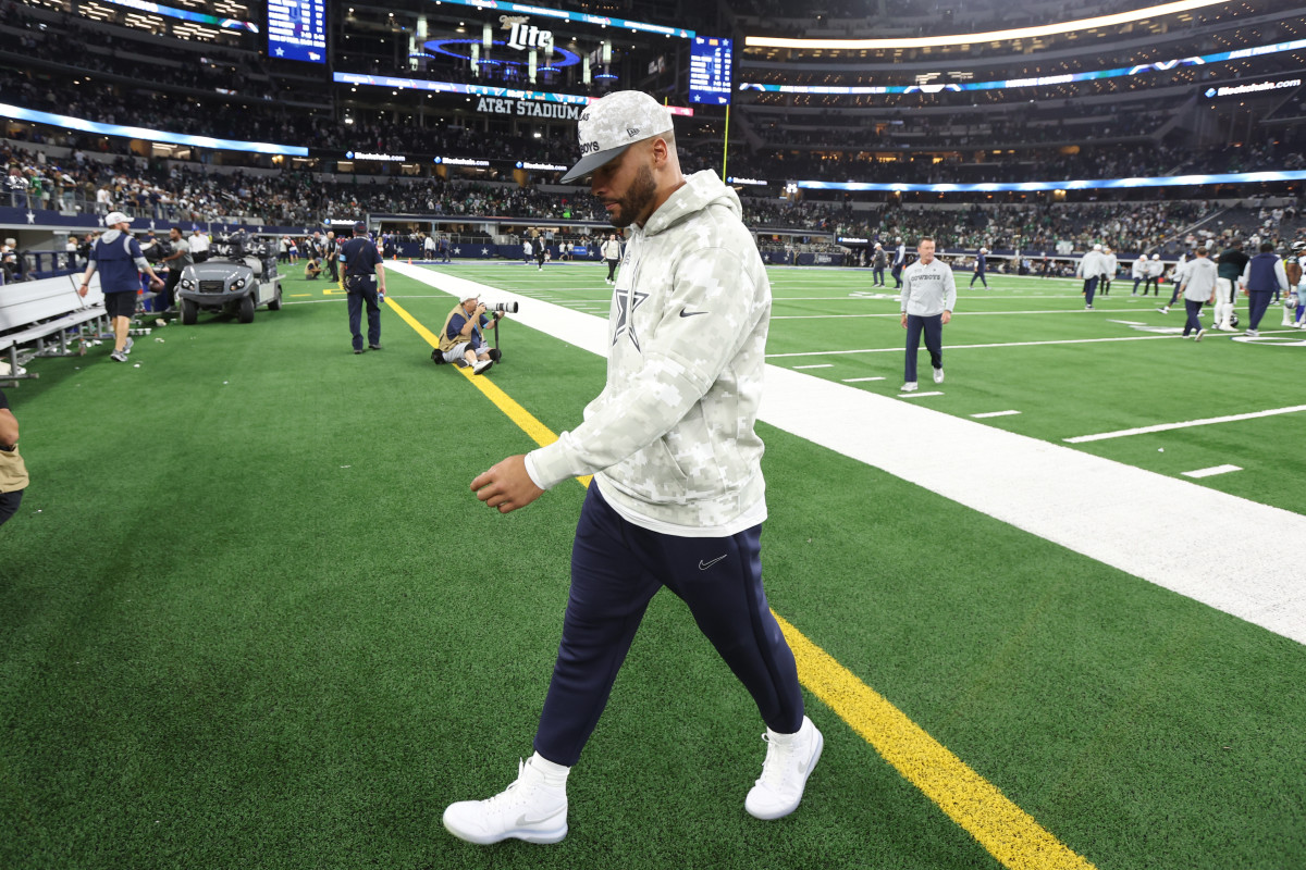 Dallas Cowboys quarterback Dak Prescott (4) walks off the field after the game against the Philadelphia Eagles at AT&T Stadium. 
