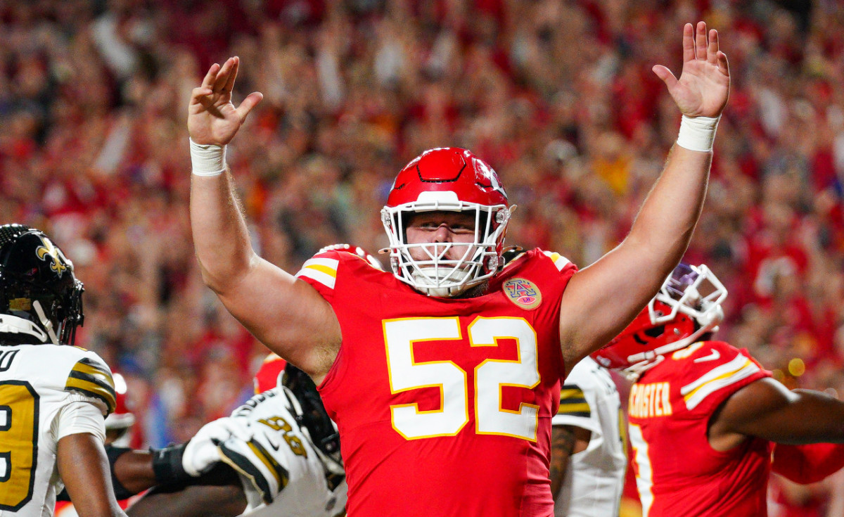 Oct 7, 2024; Kansas City, Missouri, USA; Kansas City Chiefs center Creed Humphrey (52) celebrates after a score against the New Orleans Saints during the first half at GEHA Field at Arrowhead Stadium.