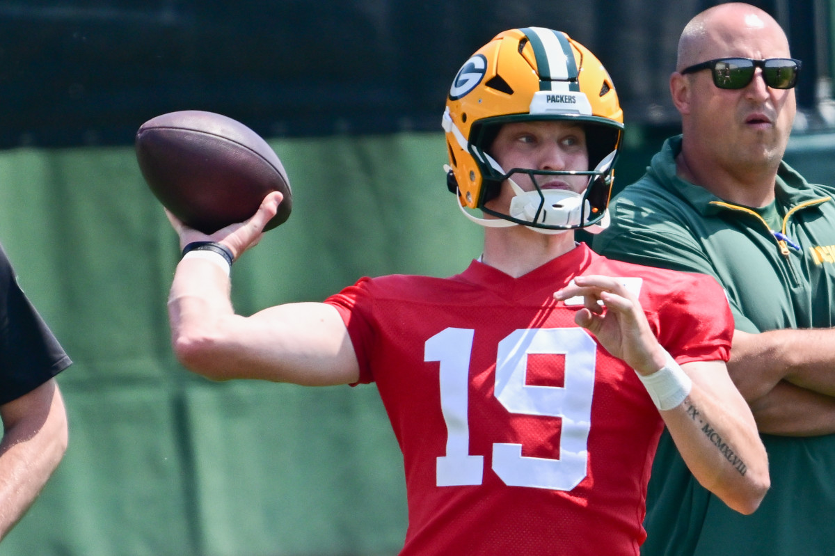 Green Bay Packers quarterback Taylor Elgersma (19) participates in the team's minicamp at Ray Nitschke Field.